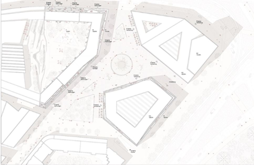 Draufsicht auf die Platzgestaltung hinter der Karstadt-Freitreppe (li.)   Plan: Barcode Architects