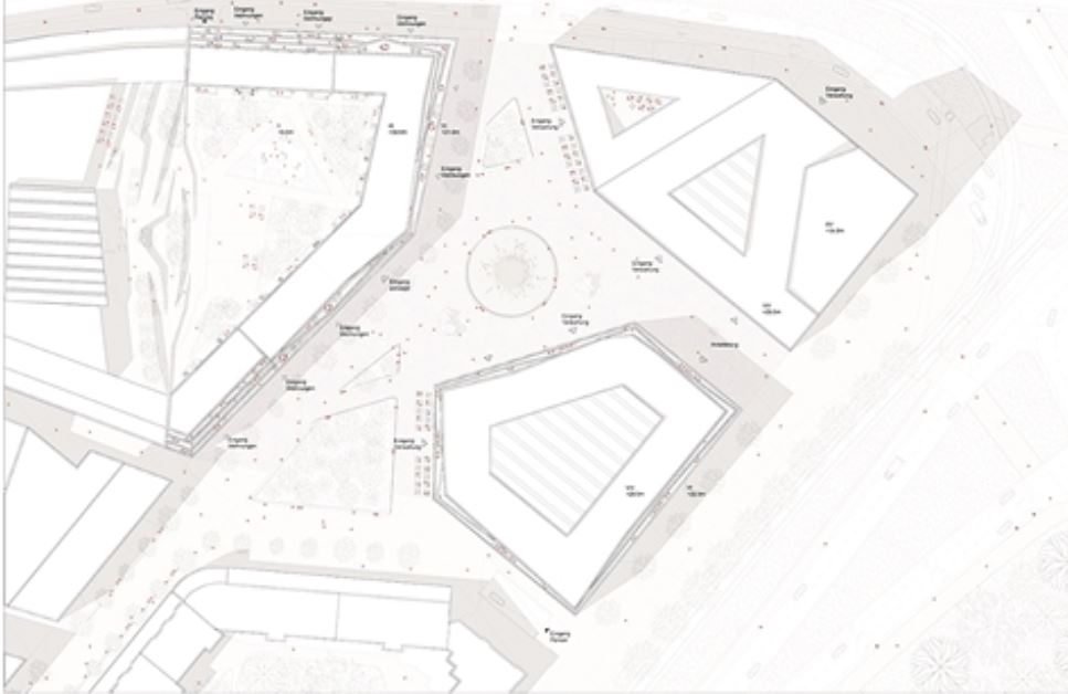 Draufsicht auf die Platzgestaltung hinter der Karstadt-Freitreppe (li.) Plan: Barcode Architects