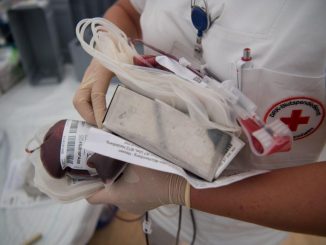 Eine Krankenschwester mit einer Blutspende in der Hand. Foto: Marijan Murat/Archiv