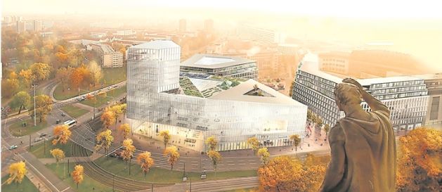 Die Sieger-Visualisierung spielt mit dem bekannten Blick 1945 vom Rathaus auf das zerstörte Dresdner Zentrum. Visualisierung: Barcode Architects