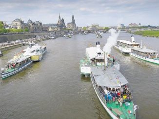 Jedes Jahr ein Höhepunkt: Die Flottenparade der Dampfer auf der Elbe Foto: SZ / Christian Juppe
